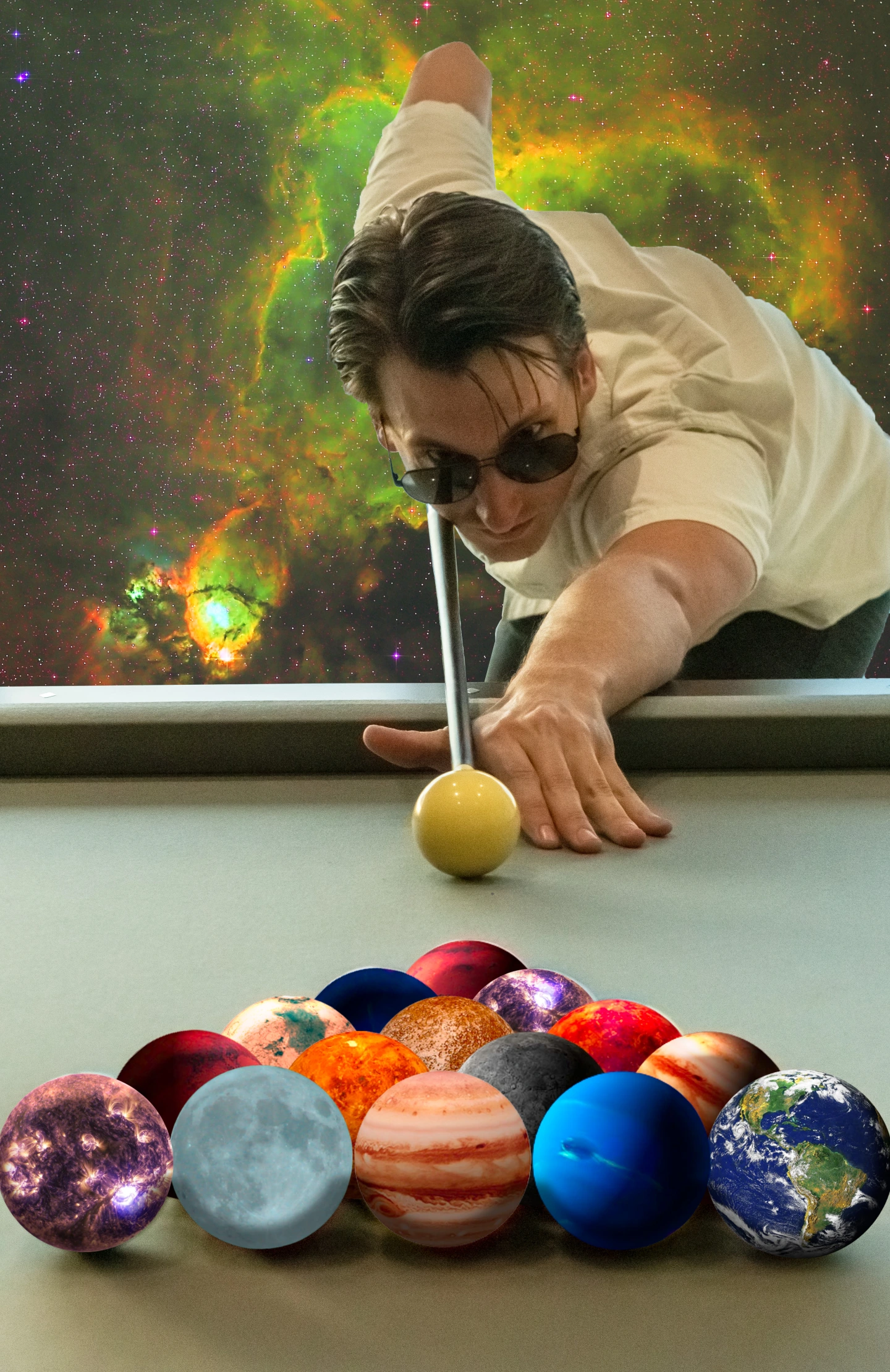 A man in front of a galaxy backdrop lining up his pool break shot with planets, the sun, and moon as the pool balls